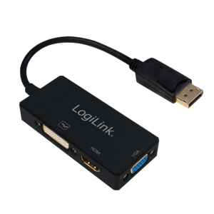 DisplayPort adapter, DP/M to HDMI-A+DVI+VGA, 4K/30 Hz, black, 0.1 m – LogiLink