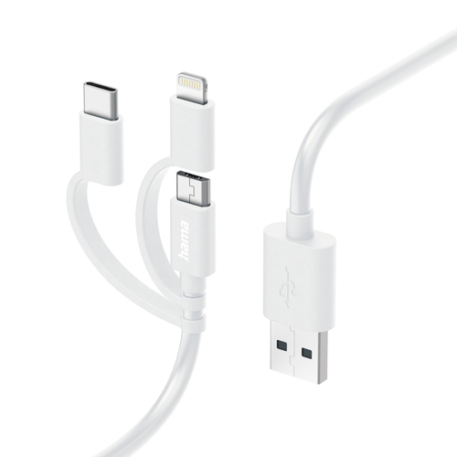 Hama 3-in-1 Multi Charging Cable - USB-A to USB-C/Micro USB/Lightning, Quick Charge, 1 Metre, White – Hama