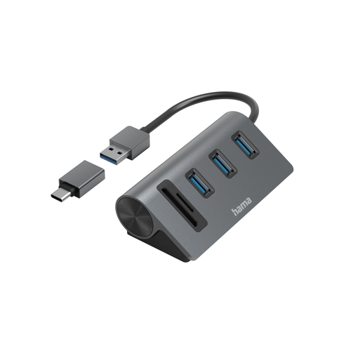 Hama External USB 3.2 Gen1 Hub/Card Reader, 3x USB-A, SD, microSD, USB Powered, USB-C Adapter – Hama