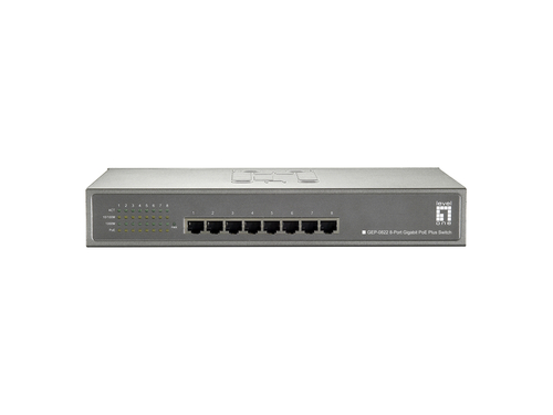 LevelOne 8-Port Gigabit PoE-Plus Switch- 240W- IEEE 802.3af/at PoE compliant to simplify deployment and installation- 10/100/1000Mbps wire speed transmission and reception- 9K jumbo frames to increase data transfer rates- Supports 8K MAC address auto-lear – Digital Data Communications