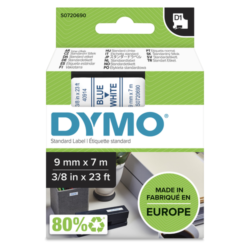 D1 - TAPE DYMO 9MMX7M BLUE/WHITE – NEWELL RUBBERMAID