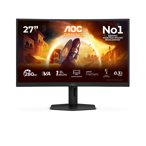 C27G4ZXU 27 Curved VA FHD, 0,3 ms, 1920x1080@280Hz, Wid 16/9, DP - 2xHDMI, 4xUSB 3.2, Brightness 300 cd/m?, D Contrastratio 80M:1, Viewing angle 178?/178?, , Height & Pivot, Speakers, – AOC