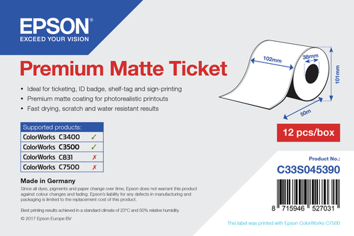 PREMIUM MATTE TICKET CONT ROLL 102mmx50m – Epson