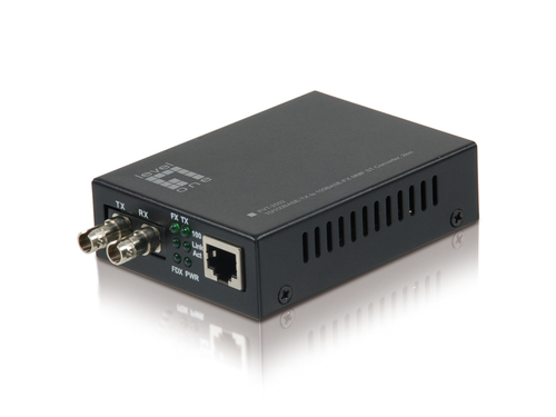 LevelOne 10/100BASE-TX to 100BASE-FX MMF ST Converter; 2km ; Transfers data from 10/100Base-TX copper to fiber interfaces;Multi-mode fiber with ST connector for transmission of up to 2km;Built-in LFP (Link Fault Pass-through) Technology;IEEE 802.3x Flow C – Digital Data Communications