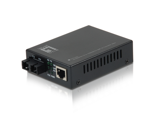 LevelOne 10/100BASE-TX to 100BASE-FX SMF SC Converter; 20km ; Transfers data from 10/100Base-TX copper to fiber interfaces;Single-mode fiber with SC connector for transmission of up to 20km;Built-in LFP (Link Fault Pass-through) Technology;IEEE 802.3x Flo – Digital Data Communications
