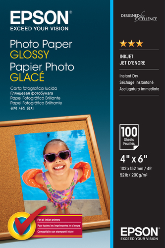 Epson Media, Media, Sheet paper, Photo Paper Glossy, Office - Photo Paper, Home - Photo Paper, Photo, 10 x 15 cm, 200 g/m2, 100 Sheets, Singlepack – Epson