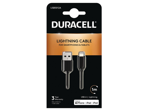 Apple approved Duracell Made for iPad USB to Lightning sync and charge cable suitable for iPad 4- iPad Mini- iPhone 5- 5C- 5S- iPod Nano 7G- iPad Touch 5G. – Duracell