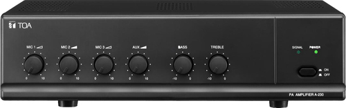 A-230 (30 watt) Mixer Amplifier Output 30 W Input MIC 1 - 3: -60 dB* (1.0 mV) 600 Ω unbalanced phone jack AUX: -20 dB* (100 mV) 10 kΩ unbalanced RCA pin jack 1 Year Warranty – TOA