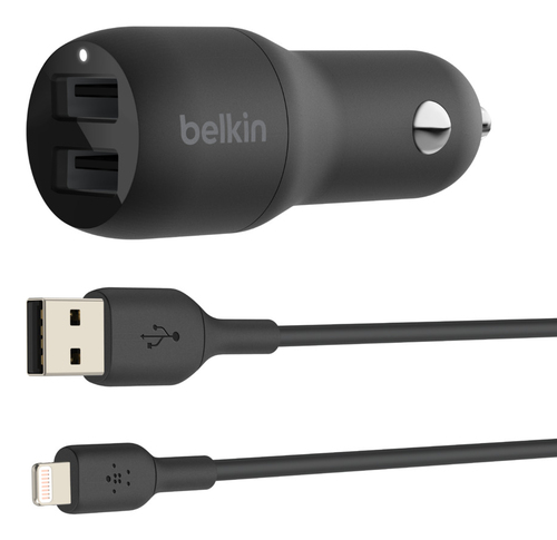 DUAL USB-A CHARGER CAR W/LIGHTNG CABLE 1M 24W BLACK – Belkin Components