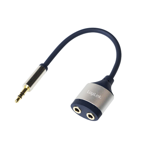 Audio cable, 3.5 mm 3-pin/M to 2x 3.5 mm/F, metal, blue, 0.18 m – LogiLink