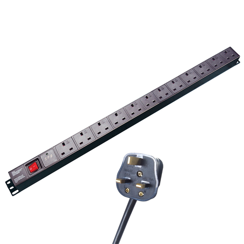 3m 12 Way Surge Protected Vertical Rack Mount Power Extension Block - UK Plug to 12 x UK Sockets - Black – Group Gear