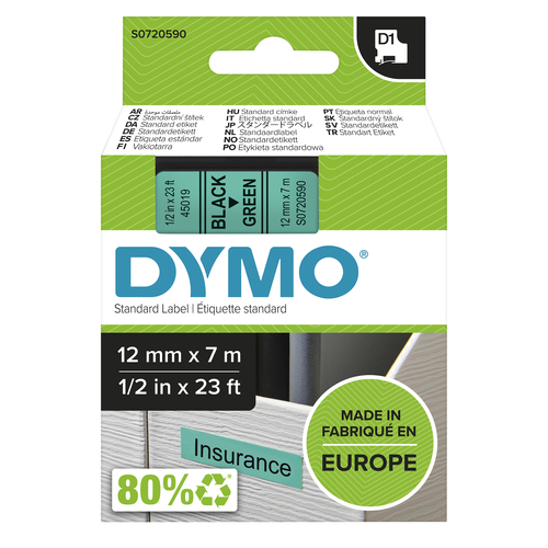 D1 - TAPE DYMO 12MMX7M BLACK/GREEN – NEWELL RUBBERMAID