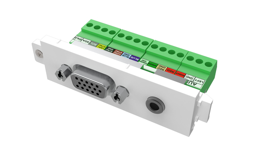 VISION Techconnect Modular AV Faceplate - LIFETIME WARRANTY - VGA and Minijack module - female 15-pin VGA and minijack socket for audio on front - bare-wire phoenix connectors on rear - suits pre-terminated Vision cables - fixes into Techconnect surrounds – Vision
