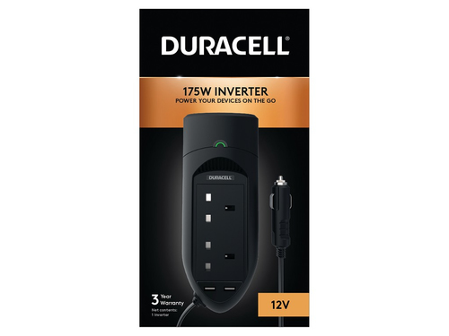 This Duracell 12V 175W portable power inverter with AC and USB ports is great for delivering power while travelling. The USB ports output 2.4A 5V perfect for digital devices such as tablet PC's including iPads; iPhones; Blackberry; Kindle etc. The mains s – Duracell