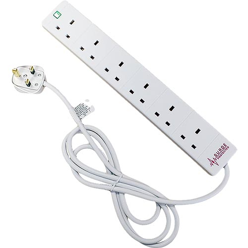 6 Way UK White 13Amp Surge Protected Power Strip with 2m Lead – Cablenet