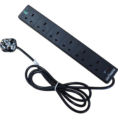 6 Way UK Black 13Amp Surge Protected Power Strip with 10m Lead – Cablenet