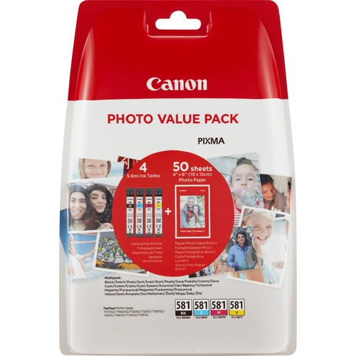 Canon CLI-581 C/M/Y/BK Photo Value Pack - 4-pack - 5.6 ml - black, yellow, cyan, magenta - original - blister with security - ink tank / paper kit - for PIXMA TS6250, TS6251, TS6350, TS6351, TS8250, TS8251, TS8252, TS9155, TS9550, TS9551 – Canon