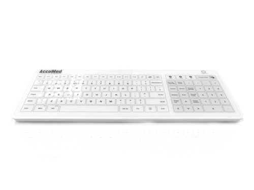 AccuMed Glass- All in One providing USB wired- RF2.4 GHz & Bluetooth Wireless connection. IP67 easy and fast wipe clean surface prevents germs or contaminates from hiding on the keyboard- ideal for medical- clinical and food preparation environments. Incl – Ceratech