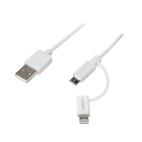 USB 2.0 cable, USB-A/M to Micro-USB + Lightning/M, white, 1 m – LogiLink