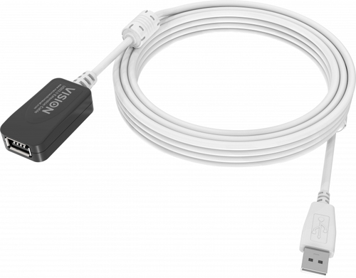 VISION installation-grade USB 2.0 active extension cable - LIFETIME WARRANTY - in-line booster half way along cable - gold connectors - ferrite cores - 480mbit/s - over 65% coverage braided shield - USB-A (F) to USB-B (M) - outer diameter 4.5 mm - 28+24 A – Vision