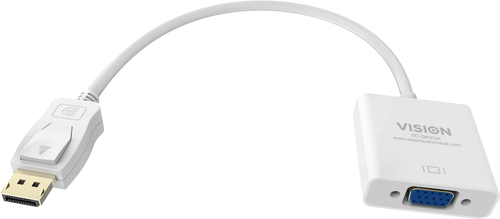 VISION Professional installation-grade DisplayPort to VGA adaptor - LIFETIME WARRANTY - maximum resolution 1920 x 1080 - does not convert VGA to DP - hotplug - DP (M) to VGA (F) - overall length 150 mm - outer diameter 5.5 mm - 32 AWG - white – Vision