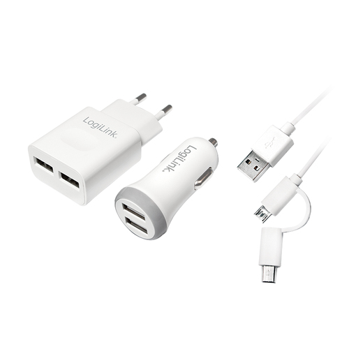 USB Charger Set Car & AC, 2port, 2 A / 2.1 A – LogiLink