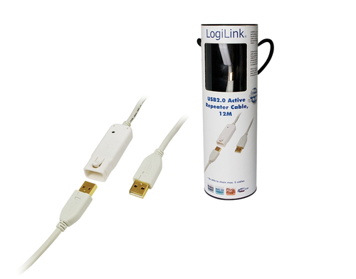 USB 2.0 cable, USB-A/M to USB-A/F, amplifier, white, 12 m – LogiLink