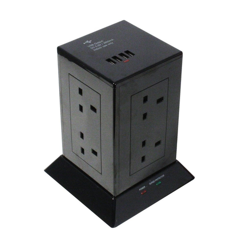 8 Way Power Extension Strip with 4 USB Charging Ports Black – Lindy