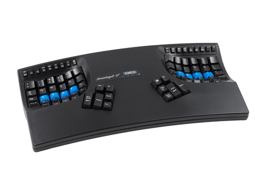 A Kinesis product; US layout LF with quiet keys Advantage2 keyboard in black. USB connected contoured keyboard based on a unique; patented design that minimises the pain and strain typists experience from heavy use of conventional computer keyboards. Supp – Kinesis
