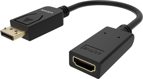 VISION Professional installation-grade DisplayPort to HDMI adaptor - LIFETIME WARRANTY - 4K 60Hz - DP version 1.3 - gold connectors - HDMI 2.0 - does not convert HDMI to DP - hotplug - DP (M) to HDMI (F) - outer diameter 5.5 mm - 30 AWG - overall length 2 – Vision