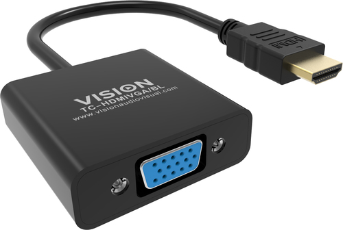 VISION Professional installation-grade HDMI to VGA adaptor - LIFETIME WARRANTY - maximum resolution 1920 x 1080 - does not convert VGA to HDMI - HDMI (M) to VGA (F) - outer diameter 5.0 mm - overall length 230 mm - black – Vision