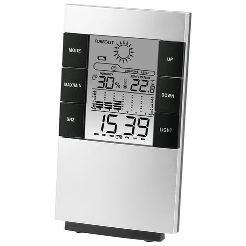 Hama TH-200 LCD Thermo/Hygrometer - Bar Chart Thermometer, Hygrometer, Barometer, Weather Forecast, Date/Time, Alarm, Black/Silver – Hama