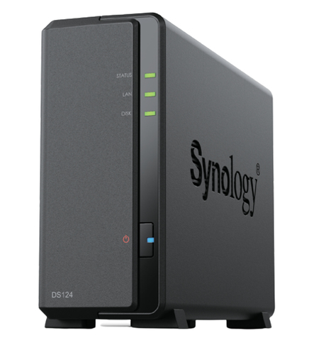Synology DS124 12TB (Synology HAT3300) 1 bay NAS; Realtek RTD1619B 1.7GHz quad-core processor; 1 GB non-ECC DDR4; 1 x 1GbE RJ-45 LAN ports and 2 x USB 3.2 Gen 1 ports – Synology