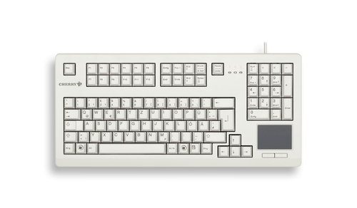 CORDED COMPACT KEYBOARD WITH BUILT-IN TOUCHPAD. GERMAN LAYOUT. LIGHT GREY. USB – Cherry