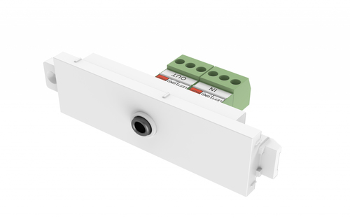 VISION Techconnect Modular AV Faceplate - LIFETIME WARRANTY - 3.5 mm minijack module - for use with stereo audio cable - pass-through terminal on rear - TRS - bare-wire phoenix connectors on rear - fixes into Techconnect surrounds - plastic - white – Vision