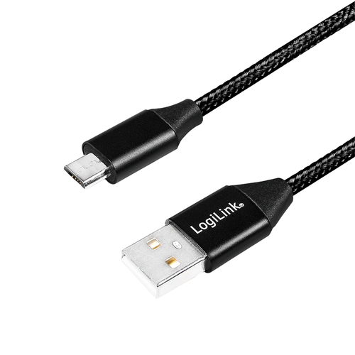 USB 2.0 cable, USB-A/M to Micro-USB/M, fabric, metal, black, 0.3 m – LogiLink