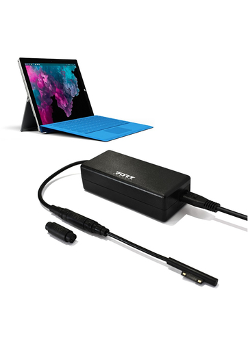 Port 60w power supply unit for a Microsoft Surface Book; Surface laptop; Surface Go and Surface Pro 3; 4; 5 and 6. Includes interchangeable tips. Supplied by Hypertec. – Port