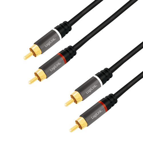 Audio cable, 2x RCA/M to 2x RCA/M, metal, black, 2 m – LogiLink