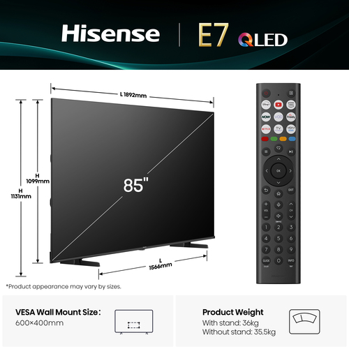 85" 4K Black QLED Smart AI TV 3840 x 2160 3x HDMI – hisense