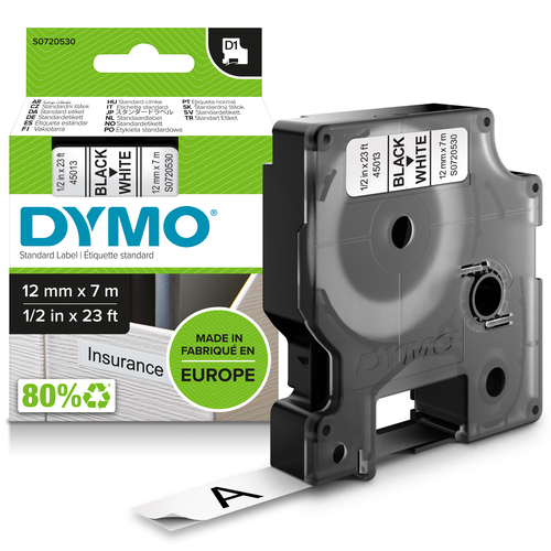 D1 - TAPE DYMO 12MMX7M BLACK/WHITE – NEWELL RUBBERMAID