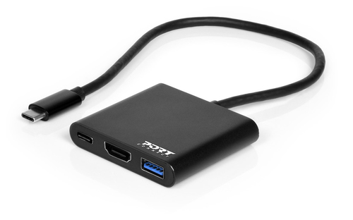 Port Connect USB Type-C mini dock. Includes 1080P video via HDMI; 1 x USB-A 3.0 and 60w power passthrough. Supplied by Hypertec. – Port