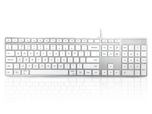 Accuratus 301 MAC - quiet USB-A Wired Full Size Apple Mac Multimedia Keyboard with White Square Tactile Keys and Silver Case. Supplied by Hypertec – Ceratech