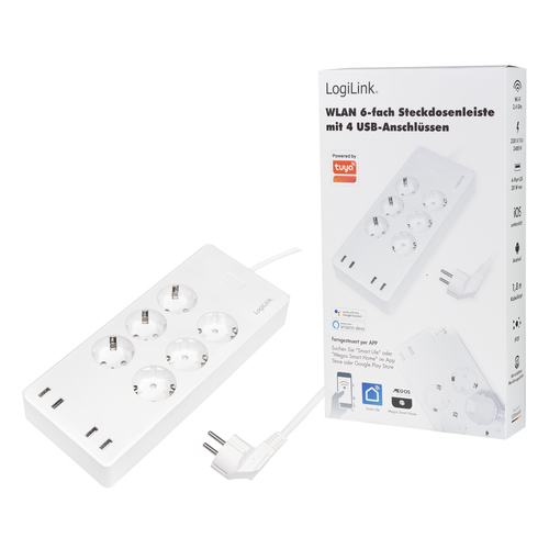 WiFi Smart Outlet strip, 6 safety sockets, Tuya compatible, 4x USB-A – LogiLink