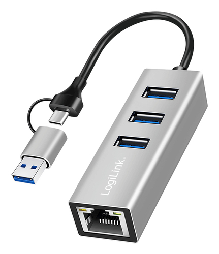 USB 3.2 Gen1 Hub, 3-port, with Gigabit Ethernet Adapter, USB-A+C, aluminum – LogiLink