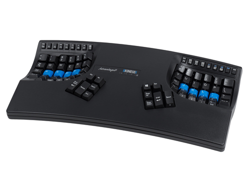 A Kinesis product; the Advantage2 Keyboard is a UK Layout black USB connected contoured keyboard based on a unique; patented design that minimises the pain and strain typists experience from heavy use of conventional computer keyboards. Supplied by Hypert – Kinesis