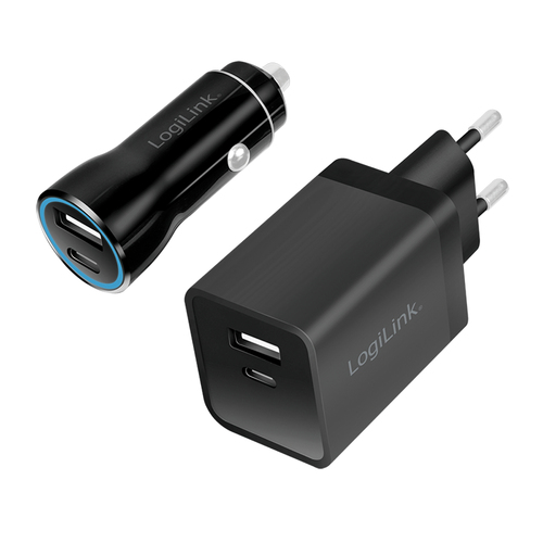 USB Charger Set, Car & AC, USB-C/F + USB-A/F, 5V/15W, black – LogiLink