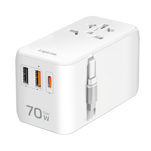 USB Travel Charger, 4port, 2x USB-AF & 1x USB-CF, 1x USB-CM, 70W, w/PD – LogiLink