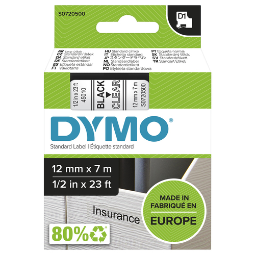 D1 - TAPE DYMO 12MMX7M BLACK/TRANSPARANT – NEWELL RUBBERMAID