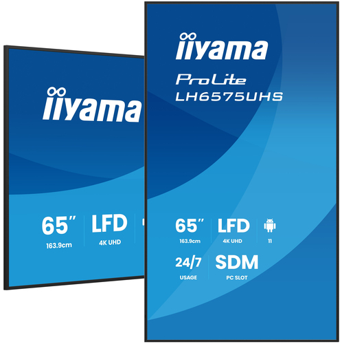 65iWIDE LCD 3840 x 2160 4K UHD IPS panel LED Bl. Metal front bezel Fan-less Speakers Multiple In-/Outputs (HDMI(3x) DisplayPort DisplayPort-Out and more) 500 cd – Iiyama