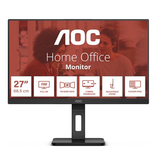 AOC 27E3QAF 27 IPS FHD, 4 ms, 1920x1080@75Hz, Wid 16/9, DP-HDMI-VGA, 3xUSB 3.2, Brightness 300 cd/m�, D Contrastratio 20M:1, Viewing angle 178�/178�, Speakers, Height Adjustment & Pivot, Soft Blue Light, 3-sides frameless, Black – AOC